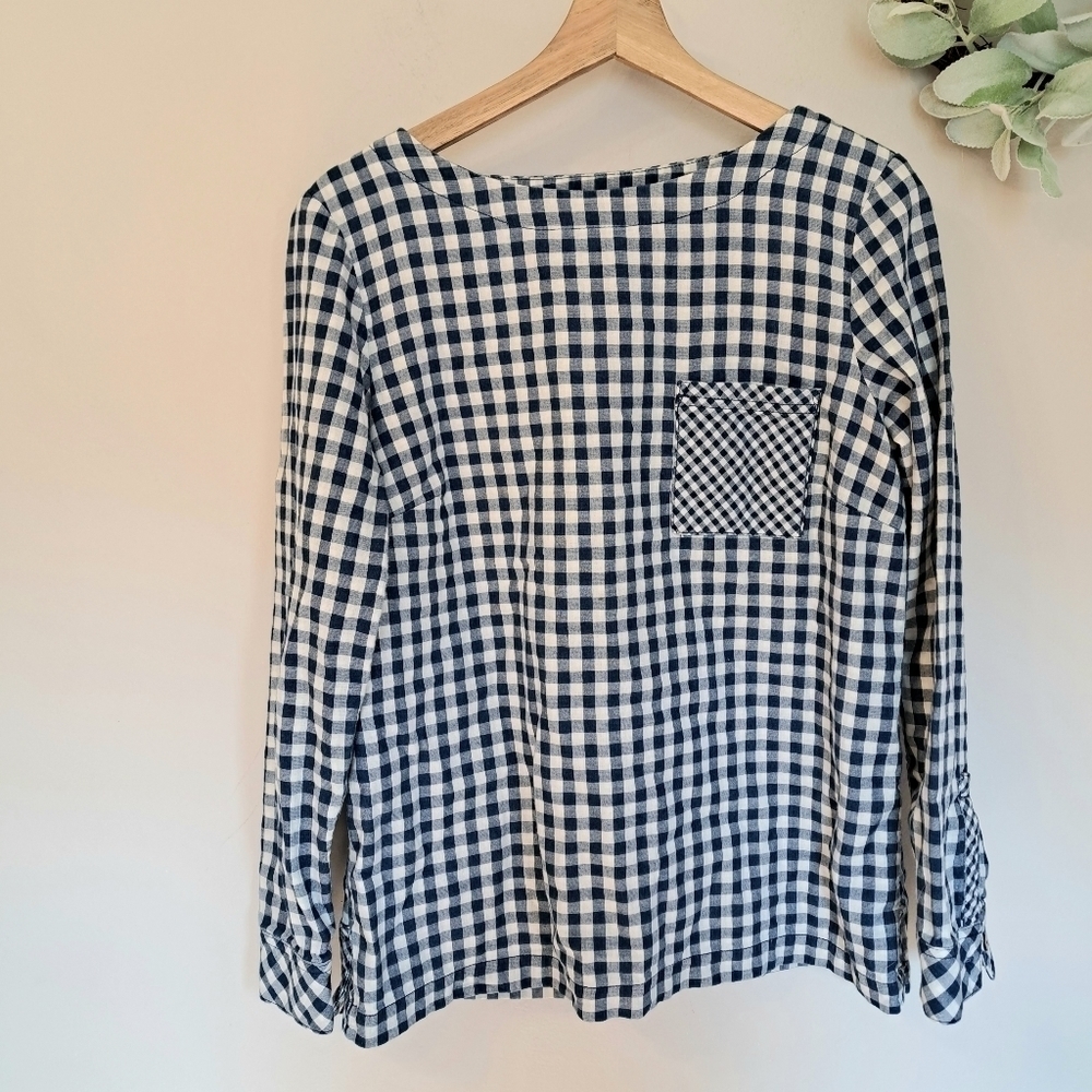 J Jill Blue Mixed Gingham Back Buttons Blouse Top Small